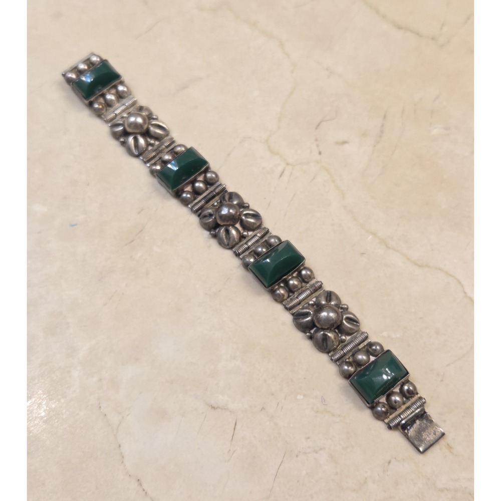 Vintage Art Deco Sterling Silver Green Onyx‎ Link Bracelet 6.25" Mexico 25 Grams